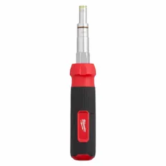 This SAE multi-bit nut driver features a magnetized tip for secure fastener retention. The straight design allows for direct torque application. Commonly used in electrical, mechanical, and general maintenance tasks for driving and removing nuts and bolts.