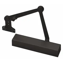 This Grade 1 heavy-duty door closer in bronze finish features an adjustable spring size 6 and regular arm. It is ADA compliant and suitable for interior or exterior use. The closer supports parallel, standard, and top frame mounting configurations for commercial door applications.
