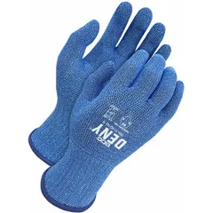 These uncoated extreme-duty cut-resistant gloves provide ANSI Cut Level A9 protection. Made from HPPE (10 ga) and silicone-free, they are suitable for handling sharp materials in manufacturing, metal fabrication, and recycling. The blue knit material offers high dexterity. Sold as 1 pair.