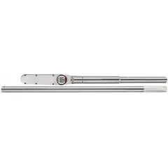 Standard-head electronic torque wrench with a range of 100 to 1,000 ft-lb, set in Foot-Pound units. Overall length of 77 inches. Features audible and visual indicators to confirm target torque. Suitable for precision tightening of large fasteners in industrial maintenance and heavy equipment assembly.