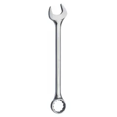 Alloy steel combination wrench with satin finish and offset design. SAE 12-point box end and open end. Head size 2-9/16 in, overall length 29-3/4 in. Used for turning hex fasteners in heavy equipment maintenance, industrial machinery assembly, and large-scale bolting applications.
