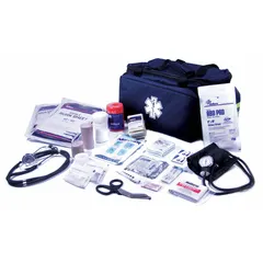 Blue poly-fabric duffel bag containing 74 components for first aid response. Includes bandages, exam gloves, oral airways, Mylar blanket, alcohol swabs, and triangular bandages. Suitable for industrial, commercial, and field settings.