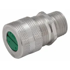 Straight metallic cable grip for securing and sealing cords in Class I, Division 2 hazardous locations. Features a 3/4 in MNPT box connection, accepts cord diameters from 0.19 in to 0.25 in, and is constructed from silver aluminum with a black color-coded grommet. Uses NPT threading.