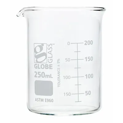 GLOBE SCIENTIFIC Beaker: 250 mL, 8.45 fl oz, A, Low Form, Type I, White - Color Coded Low Form Glass Beakers