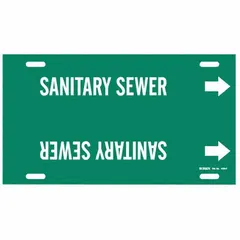 Green pipe marker with white legend reading 'Sanitary Sewer' and directional arrows. Fits pipe outer diameters from 6 to 7-7/8 inches. Strap-on design for secure attachment without tools. Used to identify sanitary sewer lines in industrial and utility applications.