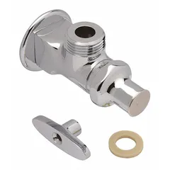 This foot pedal valve assembly is constructed of brass with a chrome finish. It includes a tee fitting and is used for hands-free faucet operation in commercial or industrial settings.