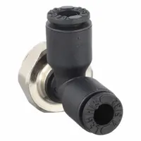 Tee fitting for connecting three pneumatic or fluid lines in a branch configuration. Constructed of nylon and nickel-plated brass. Suitable for 4 mm OD tubing and 1/8 in pipe. Overall length 28 mm. Black. Pack of 10