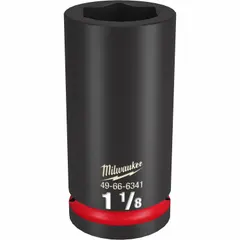 SAE 6-point deep impact socket with 3/4" drive and 1-1/8" socket size. Friction retention design for secure fit on anvil. Black phosphate finish. Used for heavy-duty fastening and loosening of hex fasteners in industrial maintenance, automotive repair, and construction.