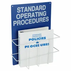 This wall-mounted station is designed for displaying safety instructions, compliance documents, and workplace notices in industrial environments. It features a wire rack with an integrated sign for clear visibility. Overall dimensions: 20 in height, 14 in width, 4 3/4 in depth. Mounting hardware is not included.