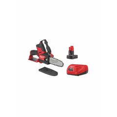 This 12 V battery-powered chainsaw features a 6 in bar length, rear handle design, and automatic chain oiler. It is suited for pruning, limbing, and light cutting tasks in landscaping and maintenance applications.
