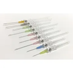 Safety IV catheter with 22 gauge stainless steel needle and polyurethane catheter. Overall length 5 inches. Blue color. Used for intravenous access to administer fluids, medications, or blood products.