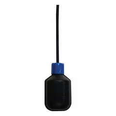 General-purpose tether float switch with narrow-angle design for pump-down applications. Normally open configuration, rated 125V AC at 1 A. Features 2-wire electrical connection and external counterweight for mounting. Suitable for liquid level control in sump, sewage, and effluent basins.