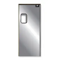 This single-door insulated swinging door is finished in gray and measures 3 ft wide by 7 ft high. It includes a polycarbonate window for visibility, along with bumpers and mounting hardware. Door seals are not included. Typical applications include separating temperature-controlled zones in industrial facilities such as cold storage rooms, clean rooms, or processing areas.