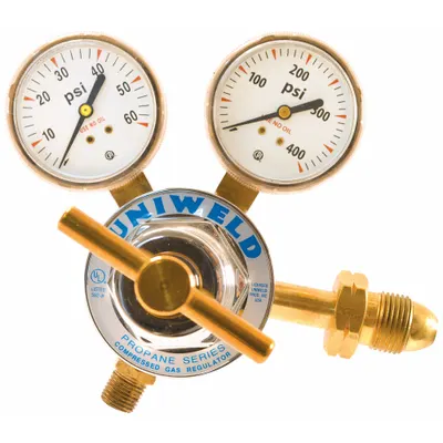 UNIWELD Stage Regulator: Single Stage, CGA 510 Inlet, 9/16"-18 M LH Outlet - Fuel Gas Regulators