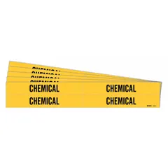 Yellow adhesive pipe marker with black legend reading 'Chemical', designed for pipes with outer diameter 3/4 to 2-3/8 inches. Each pack contains 4 markers without arrows, sold as a 5-pack. Used to identify pipes carrying chemical substances in industrial facilities for safety and compliance.