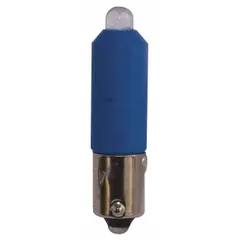 Blue LED lamp with BA9s single-contact miniature bayonet base. Tubular T3-1/4 bulb shape operates at 120V AC and consumes 1 watt. Used for indicator lighting, panel illumination, and signal applications in control panels and instrumentation.