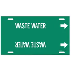 Green pipe marker with white legend reading 'Waste Water', designed for strap-on installation on pipes with outer diameter 6 to 7-7/8 inches. Includes directional arrows to indicate flow direction. Used for identifying waste water lines in industrial piping systems.