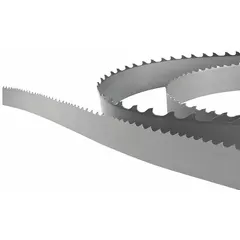 Bi-metal band saw blade coil for cutting metal. 250 ft length, 1 in width, 0.035 in thickness, 2/3 tooth configuration. Suitable for cutting structural steel, pipe, and bar stock in fabrication and maintenance applications.