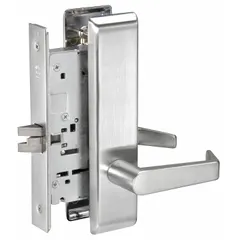 This privacy lever lockset features an Augusta style lever with a satin chromium-plated finish. It is ADA compliant and designed for ANSI F01 function, suitable for applications where privacy locking is needed, such as bathrooms or bedrooms. The lockset is not ligature-resistant and has no visual indicator.