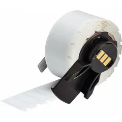 This precut label roll is made of polyvinyl fluoride with black printing on a white background. Each label measures 1/4 in x 3/4 in and is designed for wrapping around wires with a diameter of 0.2 in. It is compatible with the M710 printer series and requires the M7-R4300 ribbon. Typical applications include wire and cable identification in industrial settings.