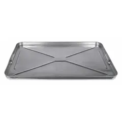 Silver steel drain pan with 6 qt capacity. Overall diameter 17-1/4 in, height 1 in, length 17-1/2 in. Used to catch and contain fluids such as oil or coolant during equipment maintenance in automotive and industrial settings.