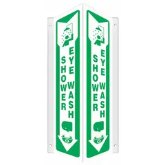 V-shaped projection sign for identifying emergency shower and eye wash stations. Made of PETG with a nominal size of 18 in x 7 1/2 in and 0.06 in thickness. Features mounting holes for installation. Not retroreflective, does not glow in the dark, and has no anti-slip surface.