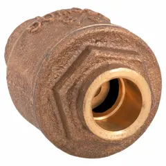 This inline disc check valve features a lead-free bronze body and a swing disc design. With a 1/2 in pipe size, it is used in piping systems to prevent backflow in applications such as potable water, HVAC, and process lines.