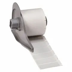 Precut label roll measuring 1 1/2 in x 1/2 in, made of polyester with a permanent adhesive. Designed for use with the BMP71 printer series. Suitable for asset identification, cable marking, and general industrial labeling applications.
