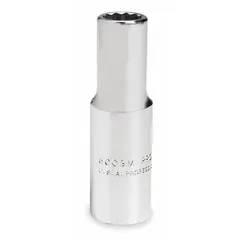 This 1/4" drive hand socket features a 1/2" 12-point deep design for accessing recessed fasteners. The chrome finish provides corrosion resistance. It is not tether capable. Suitable for turning fasteners in confined spaces.