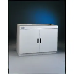 This stationary solvent storage cabinet is constructed of white epoxy-coated steel and features two self-closing doors. It measures 4 ft wide by 22 in deep by 36 3/4 in high. Designed for use with fume hoods, it provides organized storage for solvents in laboratory environments.