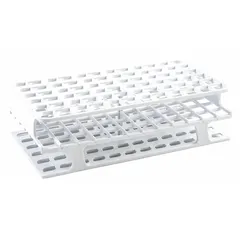 This white polypropylene test tube rack is designed for benchtop use, offering 72 wells to organize and store tubes in laboratory settings. Its chemical-resistant construction supports sample handling, processing, and transport. Overall dimensions: 2 3/8 in wide, 8 in high, 4 1/8 in long.