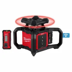 Red beam rotary laser level with electronic self-leveling, accuracy of 3/32 in @ 100 ft, and a single dot. Powered by an 18V Lithium Ion battery (included). Suitable for horizontal alignment and leveling tasks in construction and site preparation.