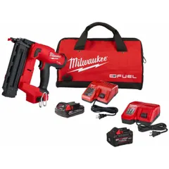 Cordless brad nailer kit for 18-gauge nails with strip collation and 0° magazine angle. Includes two 2.0 Ah batteries and adhesive. Suitable for finish carpentry, trim work, and light framing applications such as baseboards, crown molding, and cabinet installation.