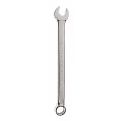 Alloy steel construction with satin finish. Offset design provides clearance for knuckles and obstructions. 12-point box end offers multiple engagement positions on fasteners. Suitable for heavy-duty bolting applications in industrial maintenance and assembly.