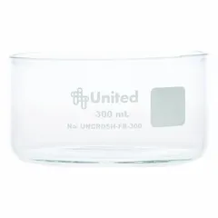 Borosilicate glass crystallizing dish with 100 mm diameter and 50 mm overall height. Clear, no surface treatment. Used for crystallizing solutions, evaporating solvents, or as a beaker cover in laboratory settings.
