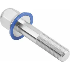 Partially threaded M6 crowned hygienic flanged hex head bolt with an FDA-approved pre-mounted sealing washer. Suitable for use in sanitary environments requiring a clean, secure connection, such as food, beverage, or pharmaceutical processing equipment.