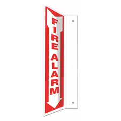 This L-shape projection fire alarm sign is designed for wall mounting using pre-drilled holes. The 24 in x 4 in sign is not retroreflective and does not glow in the dark. It is intended for use in commercial or industrial facilities to indicate fire alarm locations.