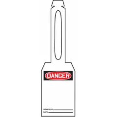 White single-part danger tags with pre-printed header and attached strap. Each tag is size #7 and the legend is not repeated on both sides. Pack of 25. Used in industrial lockout/tagout procedures to warn of hazardous energy during maintenance or servicing.