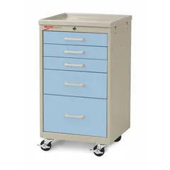 Steel cart with five light blue drawers and a taupe cabinet. Equipped with two swivel casters with brakes for mobility and stability. Suitable for organizing and transporting supplies in healthcare settings such as hospitals, clinics, and laboratories.