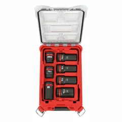 This 7-piece impact socket set includes SAE and Metric sockets with a 1 in drive size, ranging from 13/16 in to 1-3/16 in. The friction ring retention system secures sockets on impact tools. Designed for heavy-duty fastening and loosening on industrial equipment and machinery.
