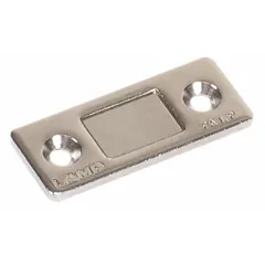 Steel magnetic catch for push-to-close applications. Features a pull opening action. Height 1/8 in, width 5/8 in. Used to hold cabinet doors, access panels, and enclosures securely closed.