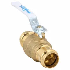 1-inch full-port brass ball valve with straight body and press x press connections. Features a locking lever handle for secure on/off flow control. Full-port design minimizes pressure drop. Suitable for water, oil, and gas applications.