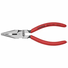 KNIPEX needle-nose pliers with a 6 in overall length, 1 1/2 in jaw length, and 1/8 in tip width. Designed as a cutter for precision tasks such as cutting wire and small components in electrical, machining, and instrumentation applications. The slim tip allows access to tight spaces for detailed assembly and maintenance work.