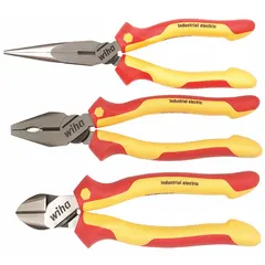 This insulated plier set includes three pliers with deluxe cushion grip handles for manual operation. The pliers range from size 2 to 5, suitable for electrical work requiring safe cutting and gripping. Typical applications include maintenance, installation, and repair tasks in industrial and commercial settings.