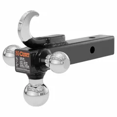 Steel non-adjustable ball mount with integrated hook, suitable for Class IV towing. Features three ball diameters (2 in, 1-7/8 in, 2-5/16 in) and a chip-resistant powder-coated finish. Commonly used with trailers, boats, and campers requiring a ball mount with a hook for securing chains or accessories.