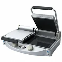 This double panini press features a 24-inch-wide glass ceramic cooking surface that provides even heat distribution for consistent browning. It operates on 208 to 240V and is suited for commercial kitchens to grill panini, sandwiches, and flatbreads