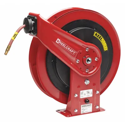 REELCRAFT Spring Return Hose Reel: 50 ft (3/8 in I.D.), 1/4 in MNPT, 300 psi Max Op Pressure - Controlled-Retraction Air or Water Spring-Return Hose Reels