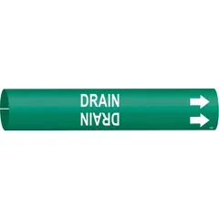 Green pipe marker with white 'Drain' legend and directional arrows. Fits pipe outer diameters of 4 to 6 inches. Snap-on design for quick installation on drain pipes in industrial and commercial facilities to indicate pipe contents and flow direction.