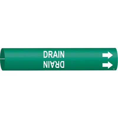 BRADY Pipe Marker: Drain, Green, White, Fits 4 to 6 in Pipe O.D., 1 Pipe Markers - Drain Snap-On Pipe Markers