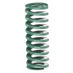 Cylindrical die spring with closed, ground ends. Made from silicon wire. Length 2 63/64 in, outer diameter 2.5 in. Used in stamping dies, metal forming, and tooling applications to provide controlled force and deflection under high cyclic loads.
